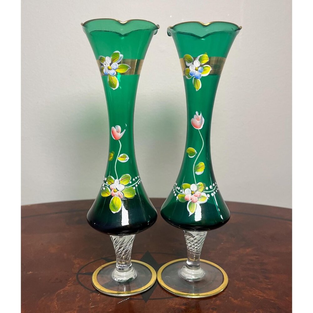 VTG Pair Czech Bohemian Green Vase Hand painted Hand blown 22k Gold Accents 8"